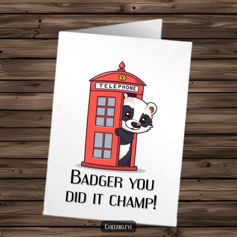 Free Printable Congratulations Card with a curious badger peeking from a telephone box, ideal for a humorous congratulatory message.