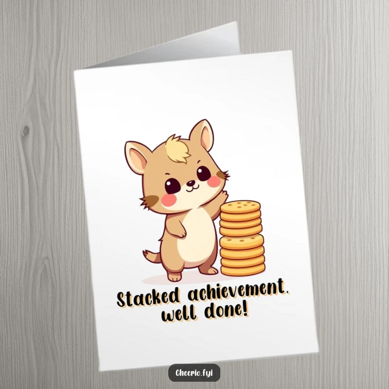 Funny Free Printable Congratulations Card: A British animal skillfully balances a towering stack of biscuits, celebrating a hard-won success.