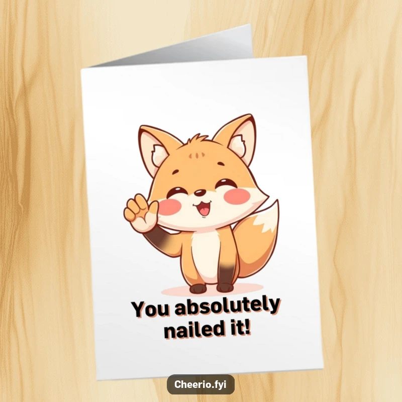 Funny Free Printable Congratulations Card with a happy fox character enthusiastically cheering, cupping a hand to its mouth.