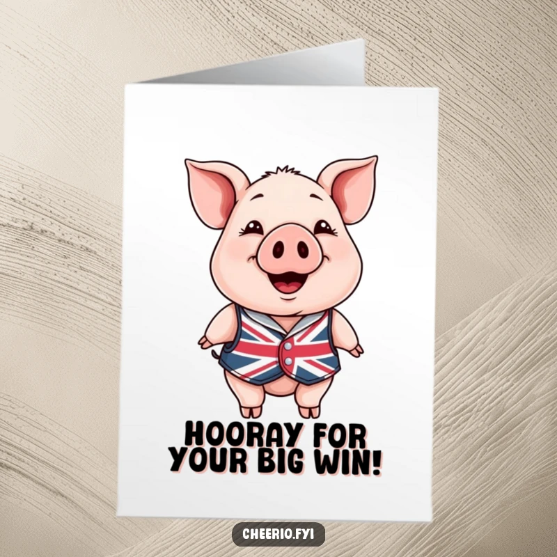 Funny Free Printable Congratulations Card: A smiling pig in a Union Jack waistcoat offers congratulations for their success.
