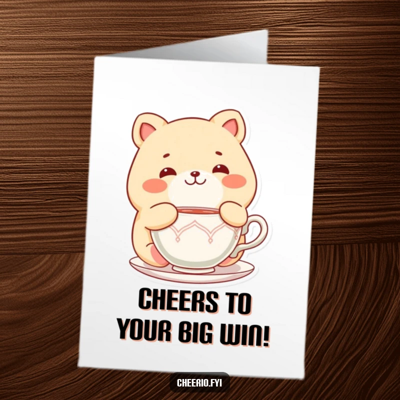 Funny Free Printable Congratulations Card: Chubby animal character looks delighted with a teacup, celebrating your wonderful news.