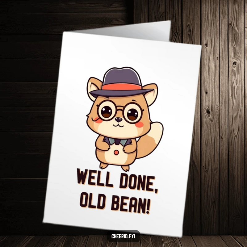Funny Free Printable Congratulations Card: A distinguished animal in a bowler hat and monocle executes a polite curtsey, exuding sophisticated cheer.
