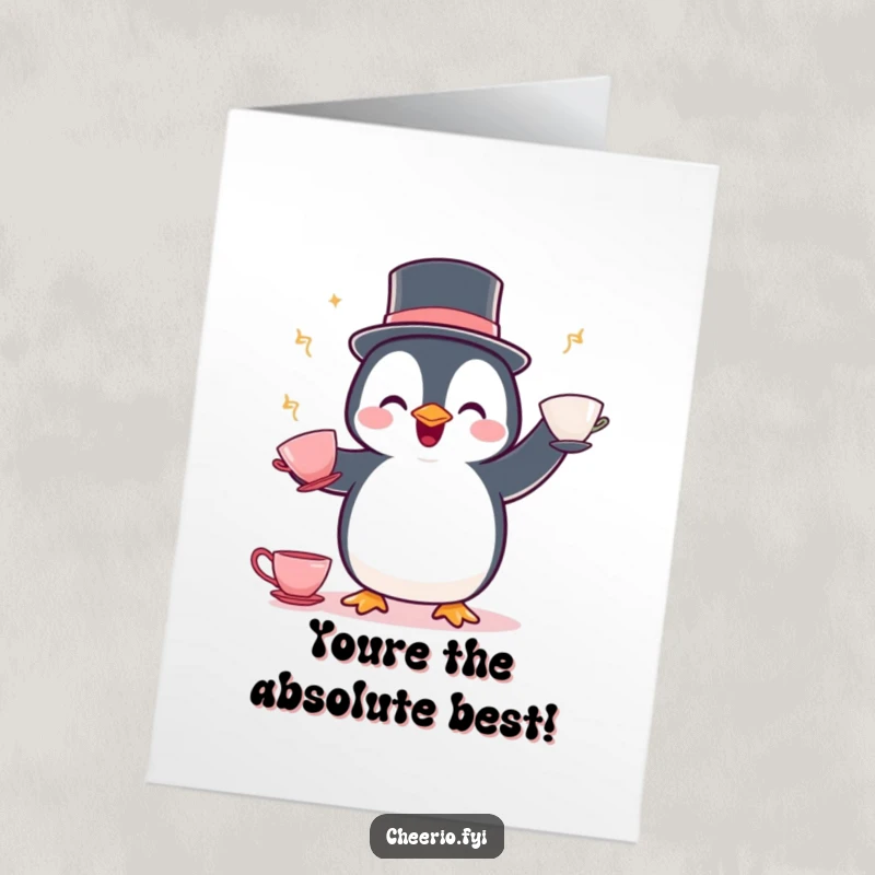 Funny Free Printable Congrats Card: A penguin wearing a bowler hat expertly juggles teacups, celebrating a win.