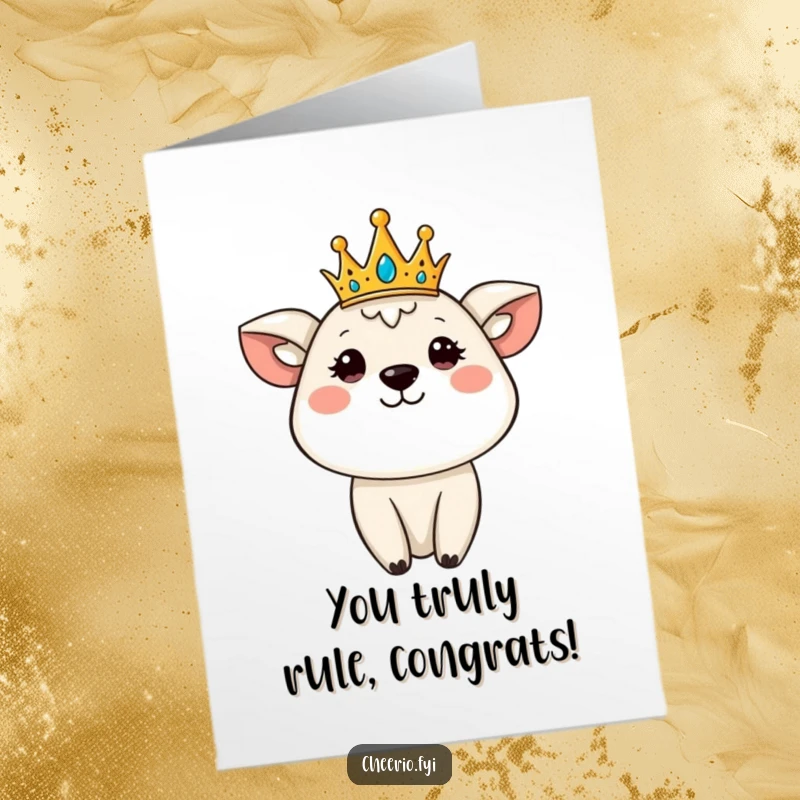 Funny Free Printable Congratulations Card: A cute animal character dons a tiny crown, smiling regally to celebrate a grand achievement.