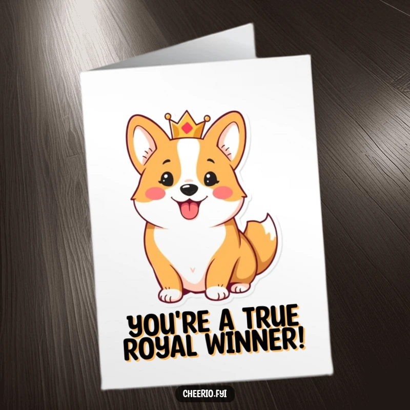 Funny Free Printable Congratulations Card: Cheerful corgi wearing a small crown, wagging its tail to celebrate success.