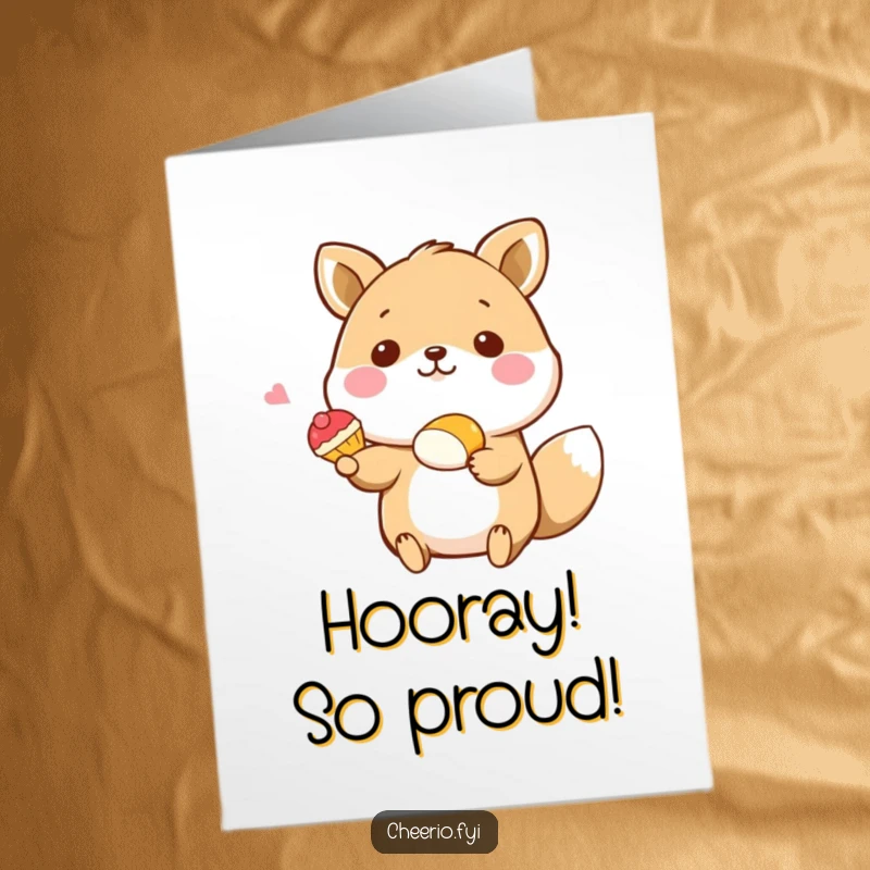 Funny Free Printable Congratulations Card: Happy animal joyfully offers a tiny pastry, perfect for a sweet and funny congratulations message, downloadable.
