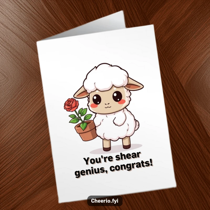 Funny Free Printable Congratulations Card: Determined sheep presents a potted rose, celebrating your wonderful achievement, a lovely downloadable.