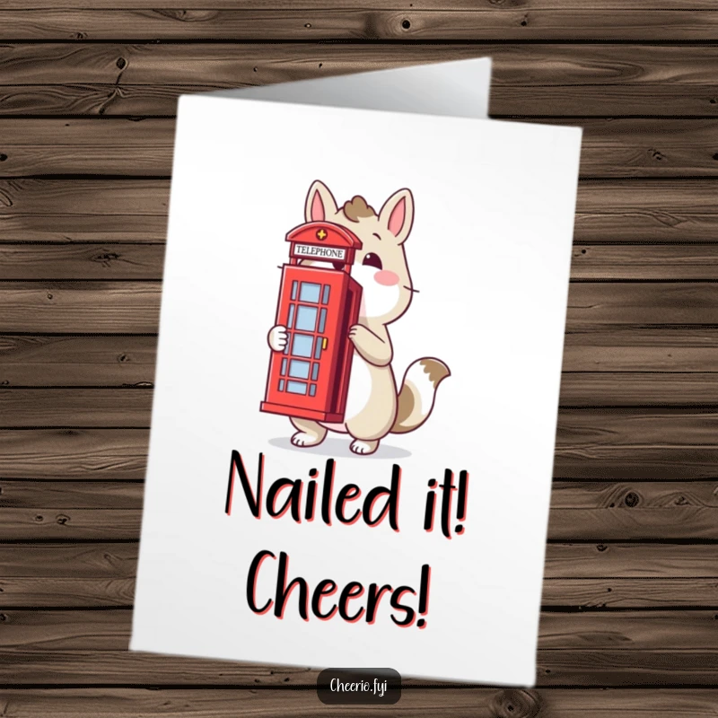 Funny Free Printable Congratulations Card: Proud animal standing by a red telephone box, celebrating achievements with a touch of British humor, downloadable.