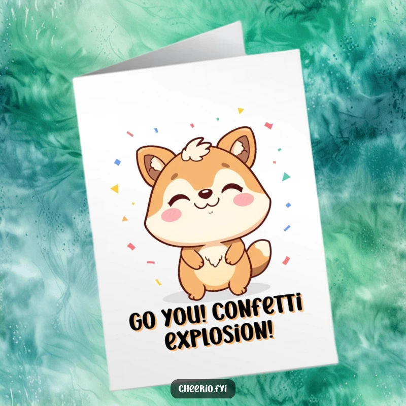 Funny Free Printable Congratulations Card of a happy animal character with a smirk, scattering confetti with gusto.
