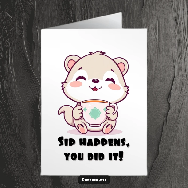 Funny Free Printable Congratulations Card showing a cute animal enjoying a warm cup of tea for a special achievement.
