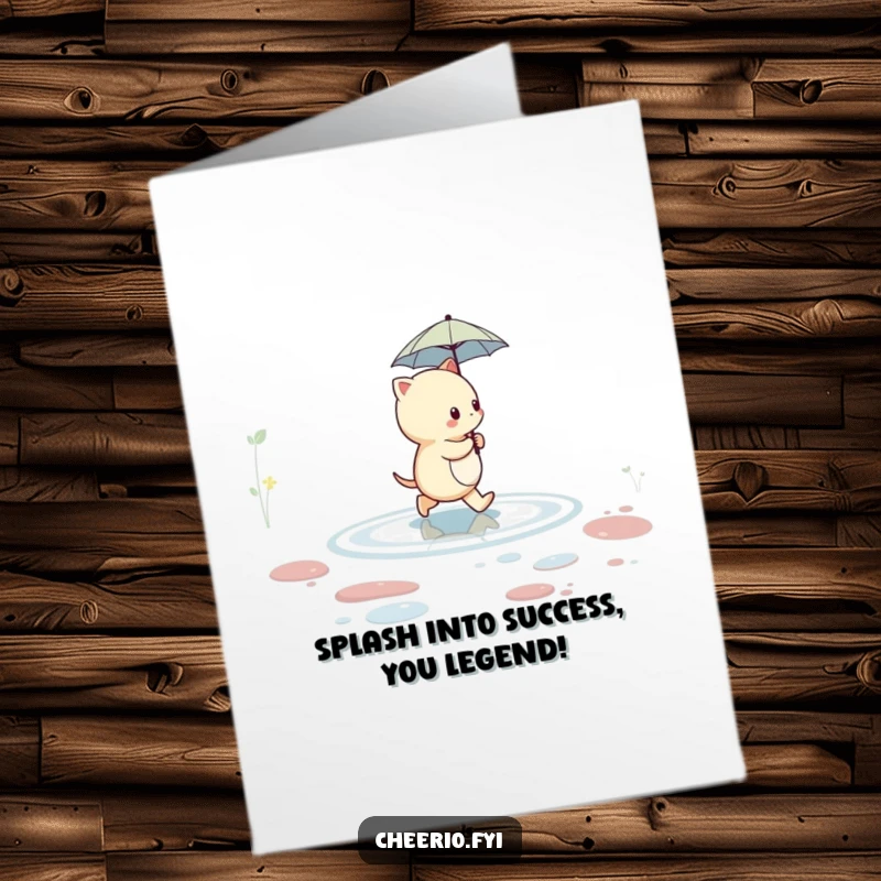 Funny Free Printable Congratulations Card showcasing a creature with an umbrella navigating a puddle, ideal for a downloadable surprise.