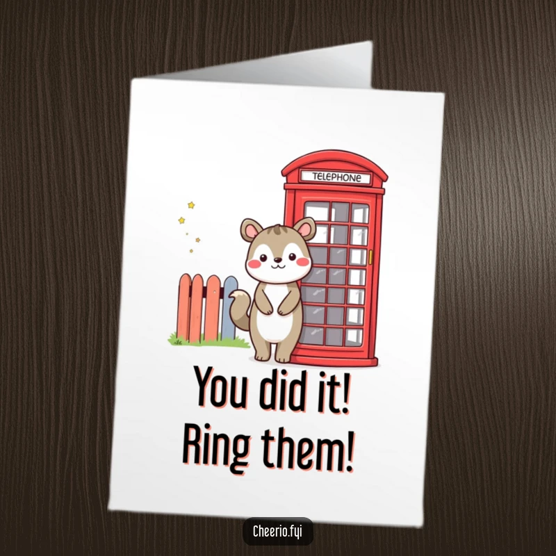 Funny Free Printable Congratulations Card: Joyful animal beside a red telephone booth, celebrating big moments.