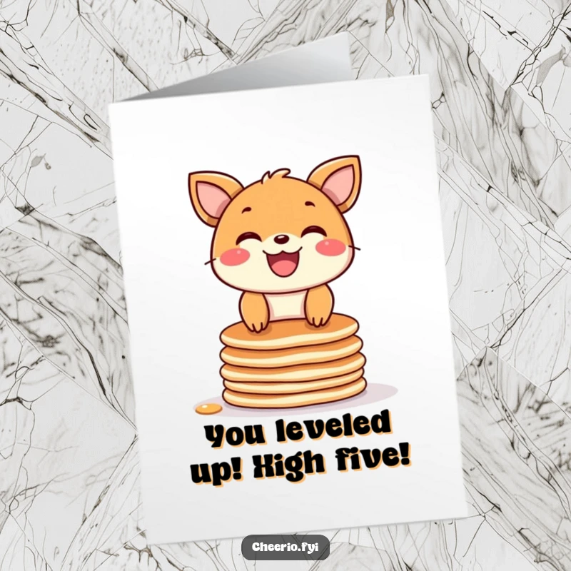Funny Free Printable Congratulations Card showcasing a joyful animal with a wide grin atop a stack of pancakes.