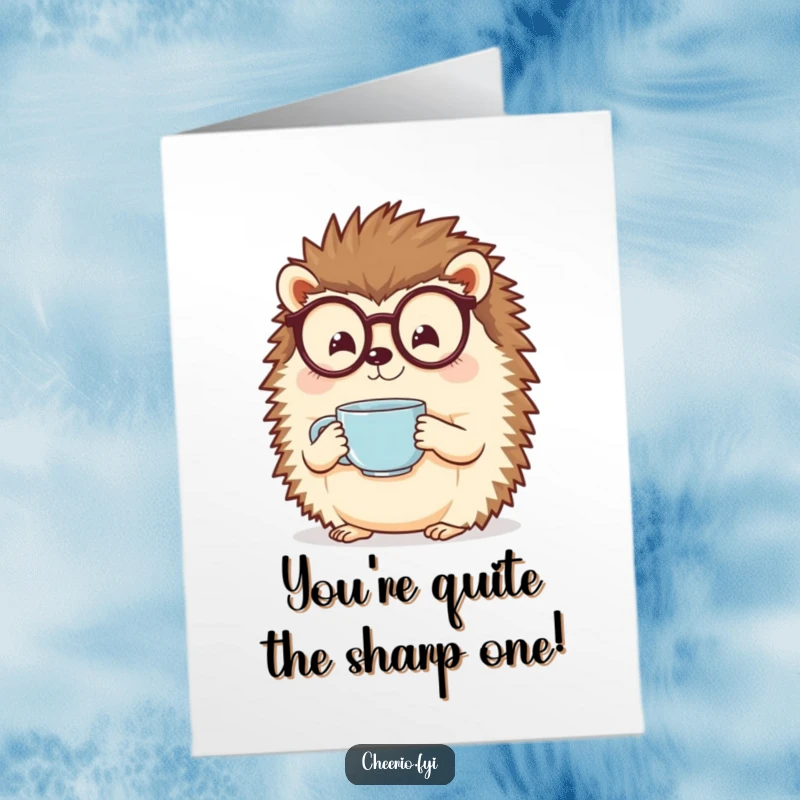 Funny Free Printable Congratulations Card: A cheerful hedgehog with spectacles raises a teacup in a sophisticated toast to their success.