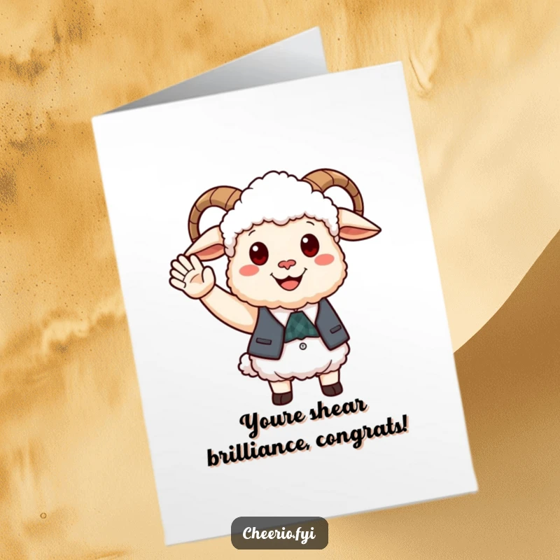 Funny Free Printable Congratulations Card: Happy sheep in smart waistcoat offers friendly wave, cheerful congratulations, downloadable card.