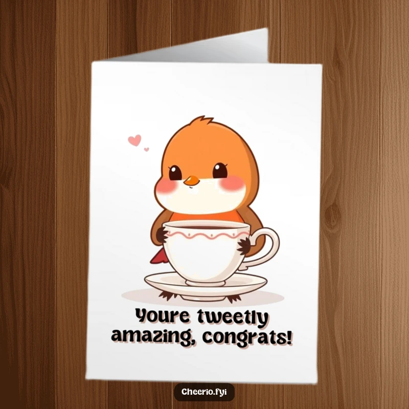 Funny Free Printable Congratulations Card: Playful robin with proper posture offers teacup, elegant congratulations, downloadable greeting.