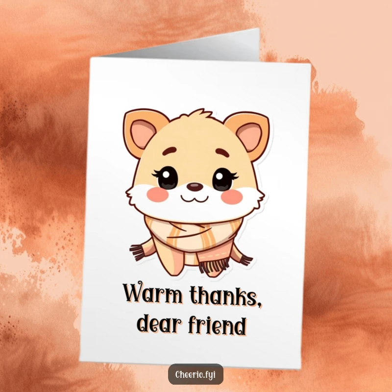 Funny Free Printable Thank You Card: Cartoon creature with a friendly grin wearing a traditional scarf, expressing thanks heartily.