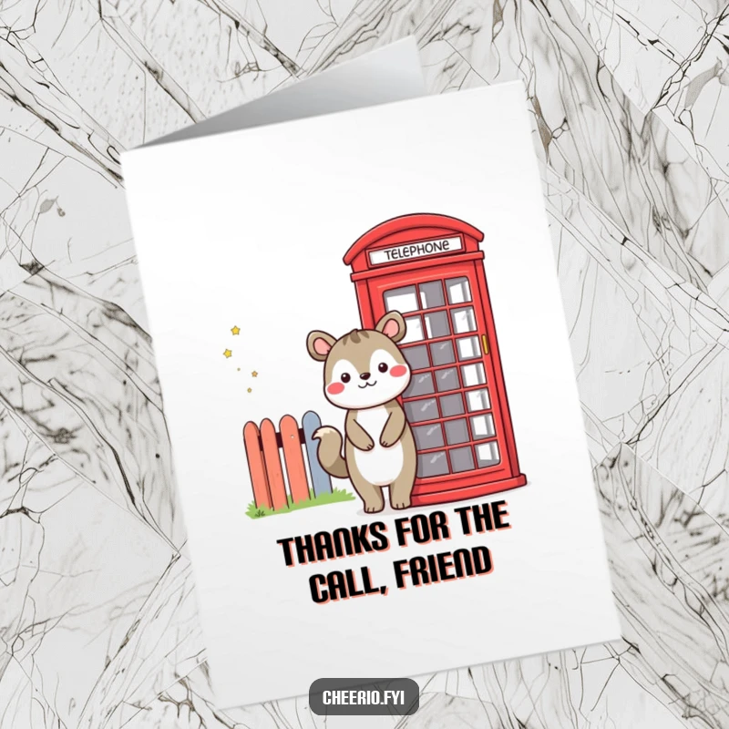 Funny Free Printable Thank You Card: Friendly animal posing by a vibrant red phone booth, showing appreciation.