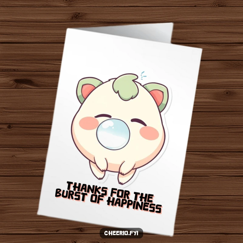 Funny free printable thank you card: a whimsical creature with a glint in its eye blowing a big, effervescent bubble.