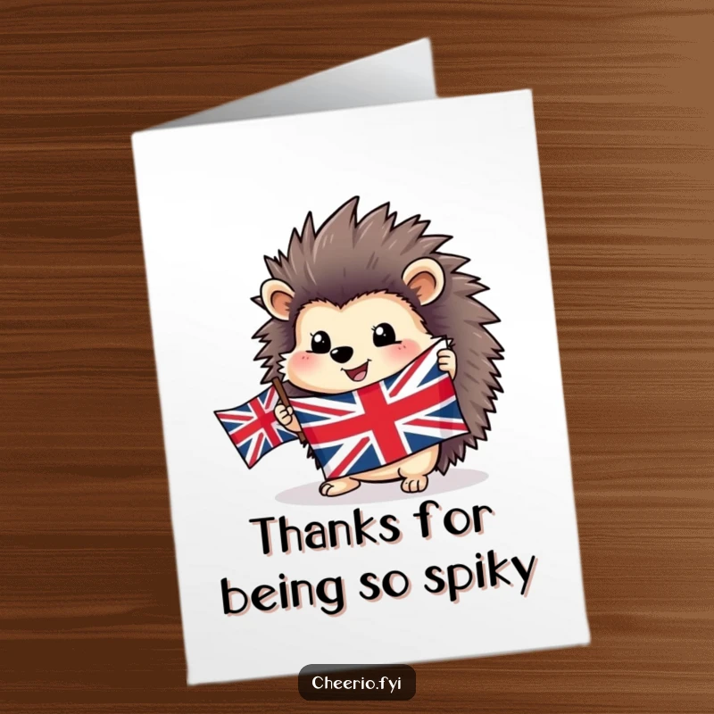 Funny Free Printable Thank You Card of a happy hedgehog holding a Union Jack flag, great for a cheerful thank you.