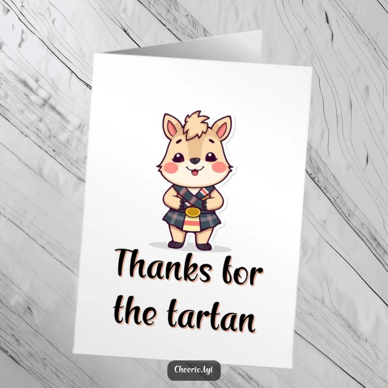 Funny Free Printable Thank You Card: British animal character in a kilt, offering a quirky and funny way to say thanks.