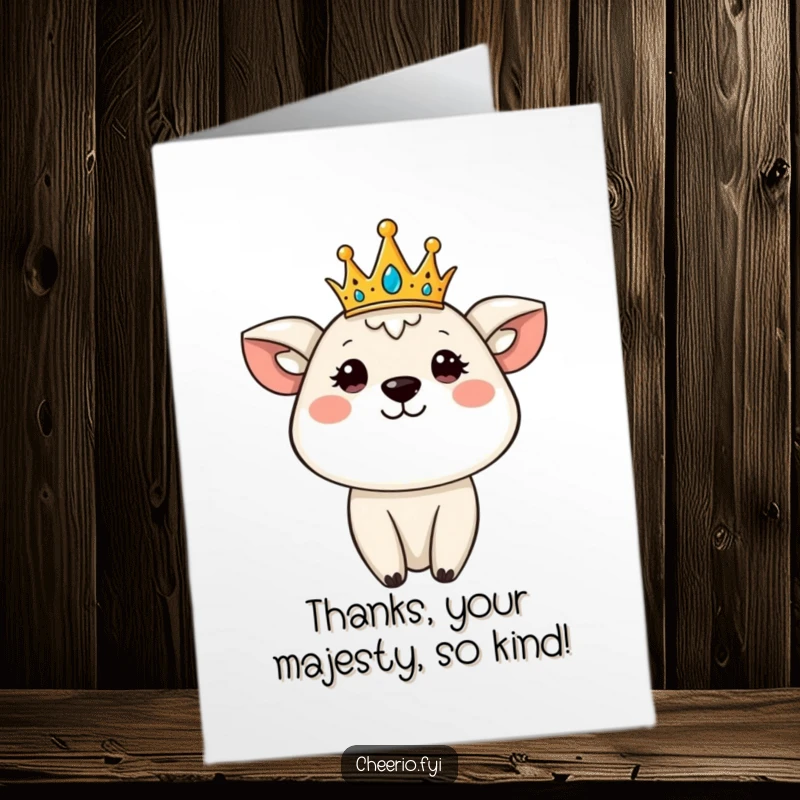 Funny Free Printable Thank You Card: A cute animal character wearing a tiny crown smiles regally, offering a majestic expression of thanks.