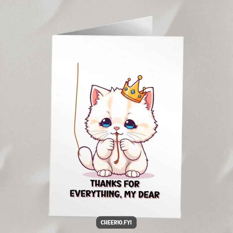Funny Free Printable Thank You Card: A fluffy cat in a crown playfully bats a string, sending thanks your way.