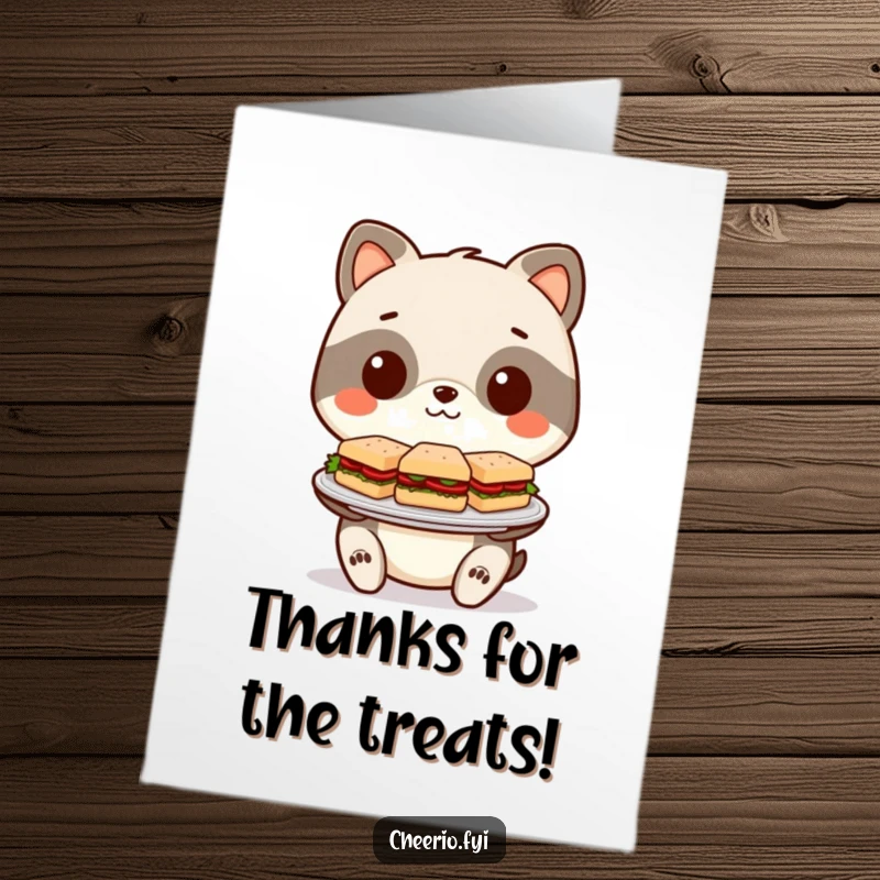 Funny Free Printable Thank You Card depicting a stylized animal offering miniature sandwiches, a delightful DIY gift.