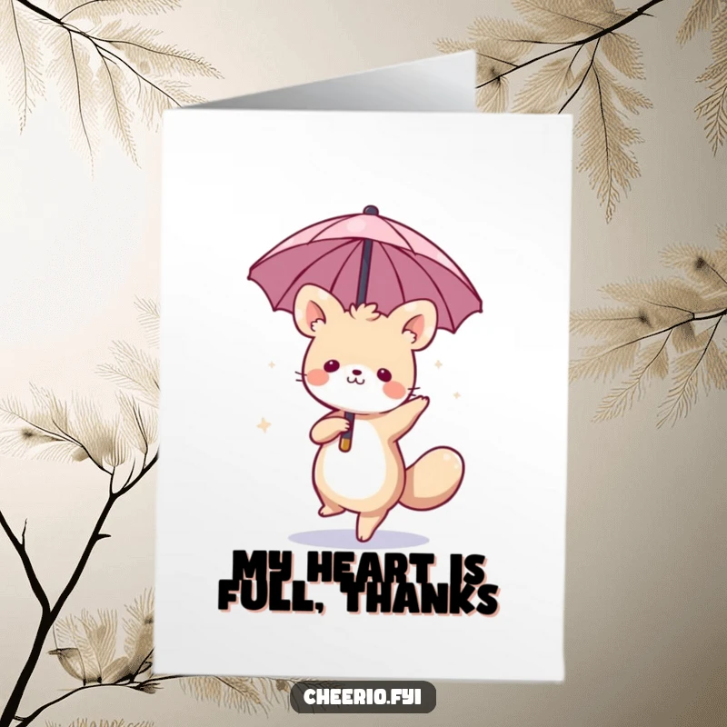 Funny Free Printable Thank You Card: Whimsical animal dancing with a miniature umbrella, a charming and funny way to express thanks, easy print at home.