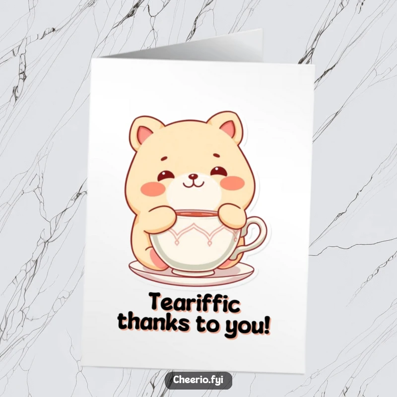Funny Free Printable Thank You Card: Chubby animal character looks delighted with a teacup, conveying warm thanks and gratitude.