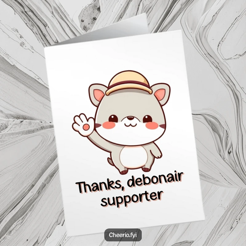 Funny Free Printable Thank You Card: Cheerful animal in a tiny bowler hat gives a jaunty wave, conveying thanks with politeness.