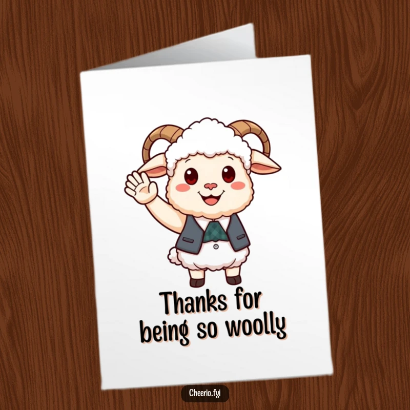Funny Free Printable Thank You Card: Happy sheep in smart waistcoat offers friendly wave, friendly thanks, downloadable card.