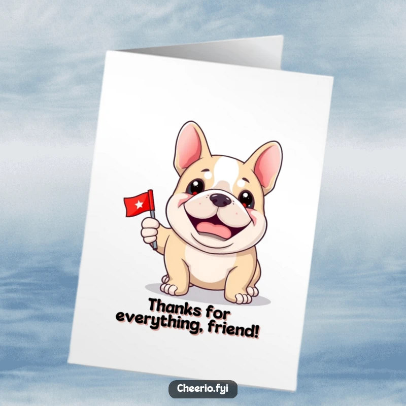 Funny Free Printable Thank You Card: A happy bulldog with a proud grin holds a tiny flag, offering a sincere and funny thanks.