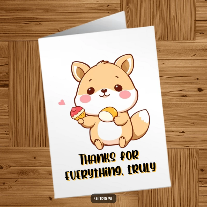 Funny Free Printable Thank You Card: Happy animal presenting a tiny pastry with a grand flourish, a sweet and funny thank you, easy print at home.