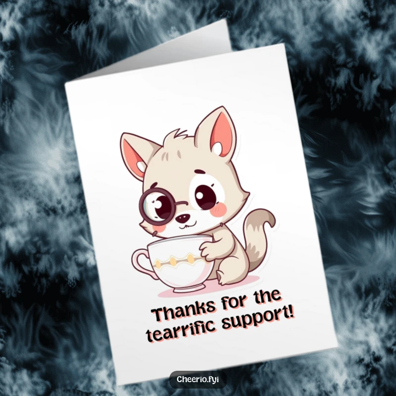 Funny Free Printable Thank You Card: A curious animal wearing a monocle meticulously examines a teacup, offering thanks with sophistication.