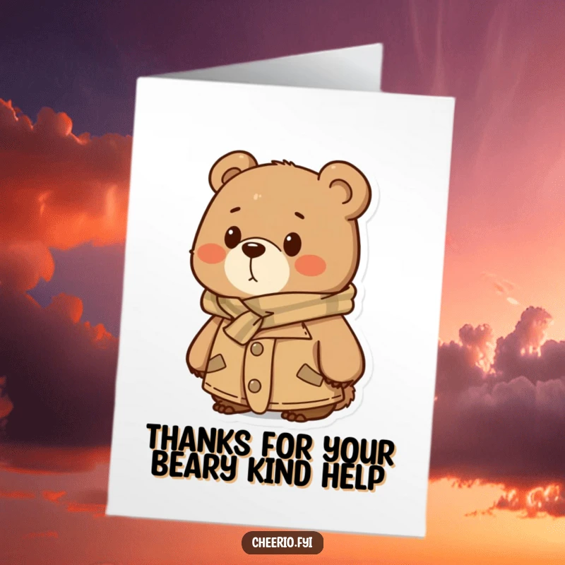 Funny Free Printable Thank You Card: A bear in a tweed jacket and scarf thoughtfully looks into the distance, showing thanks.