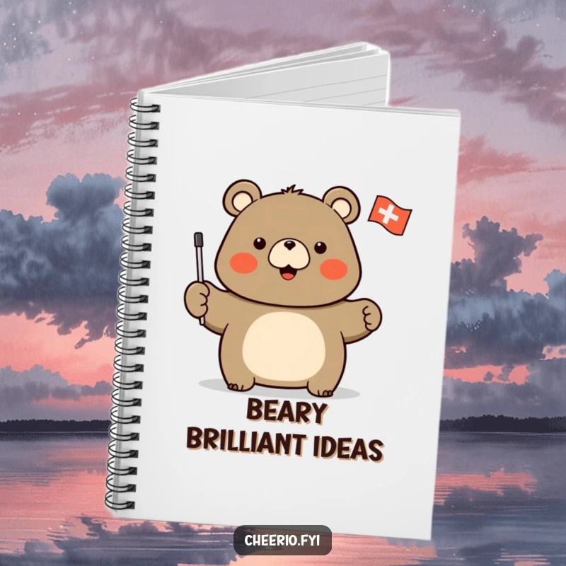 Funny notebook cover featuring a stout bear character enthusiastically waving a flag with a white cross, designed for note-taking.