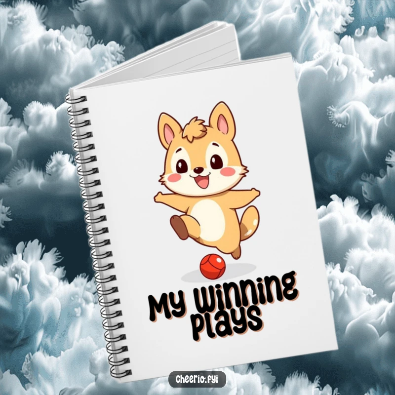 Funny notebook cover with a grinning animal character in the act of kicking a small red ball, ready for notes.