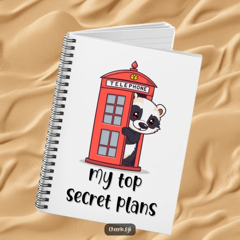 Funny badger notebook featuring a curious animal peeking from a red telephone box, perfect for jotting down ideas with humor.