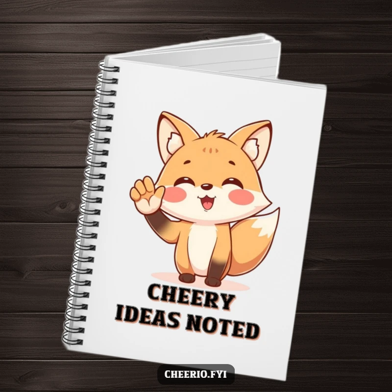 Funny notebook featuring a spirited fox character enthusiastically cheering with a cupped hand, perfect for jotting down notes with energetic flair.
