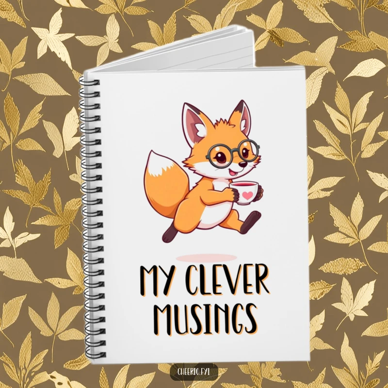 Funny notebook with a leaping fox wearing a monocle and holding a tiny teacup, a humorous and elegant companion.