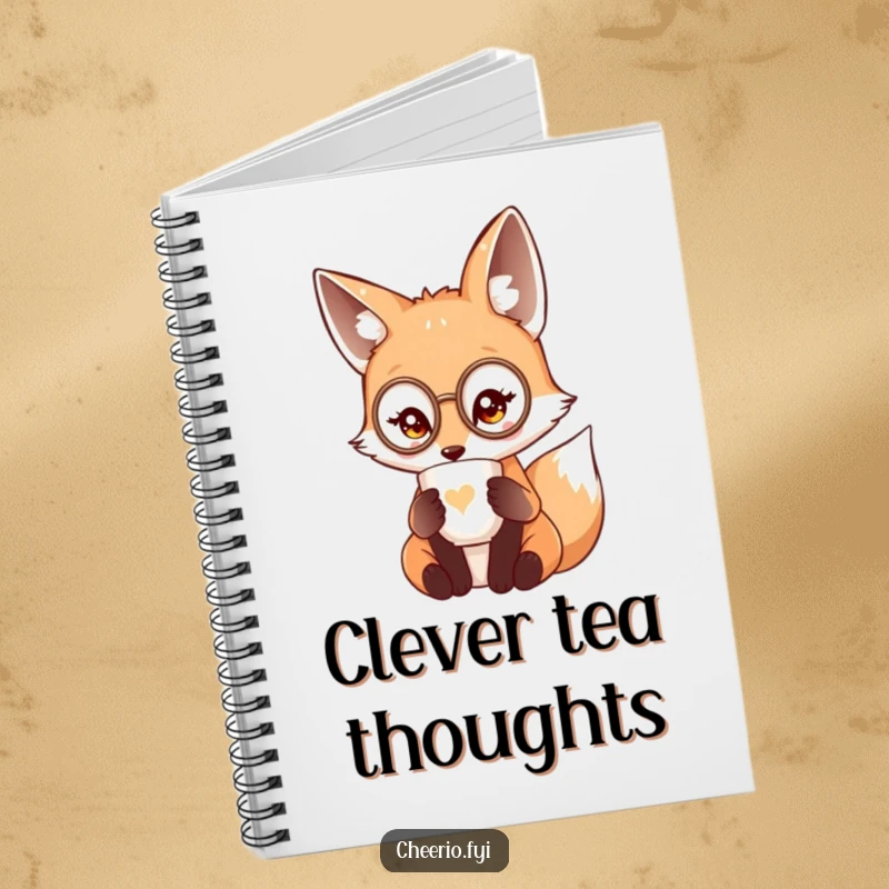 Funny cute fox wearing a miniature monocle sipping tea from a delicate cup, a lined notebook.