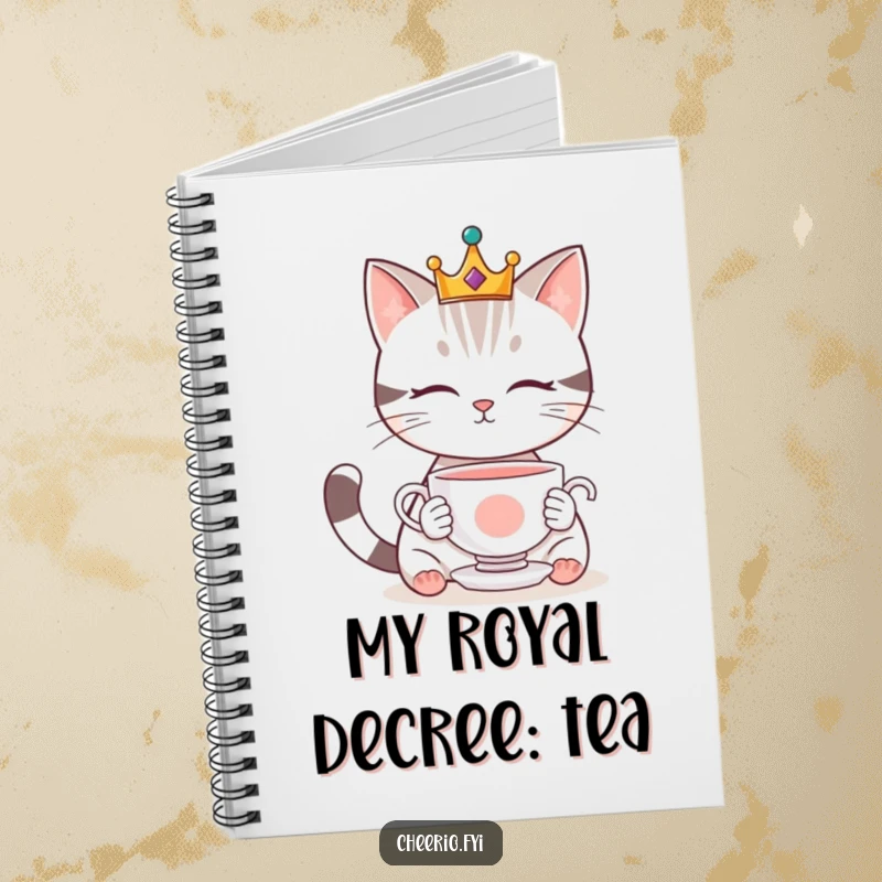 Funny notebook featuring a crowned cat gazing at a floating teacup, designed for capturing sophisticated thoughts with a humorous twist.