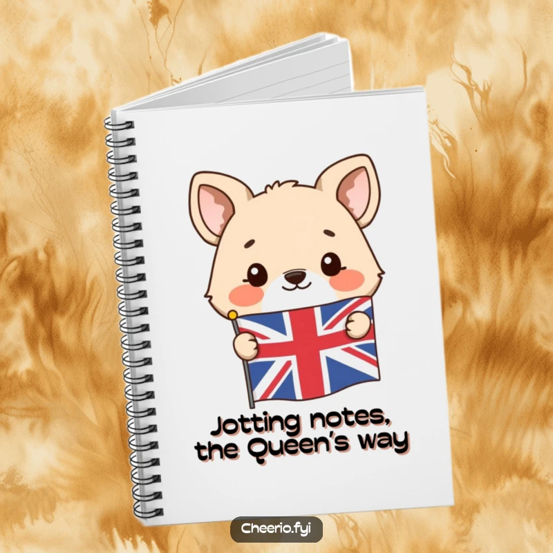 Funny notebook with a happy animal character peeking from behind a Union Jack flag, perfect for writing.