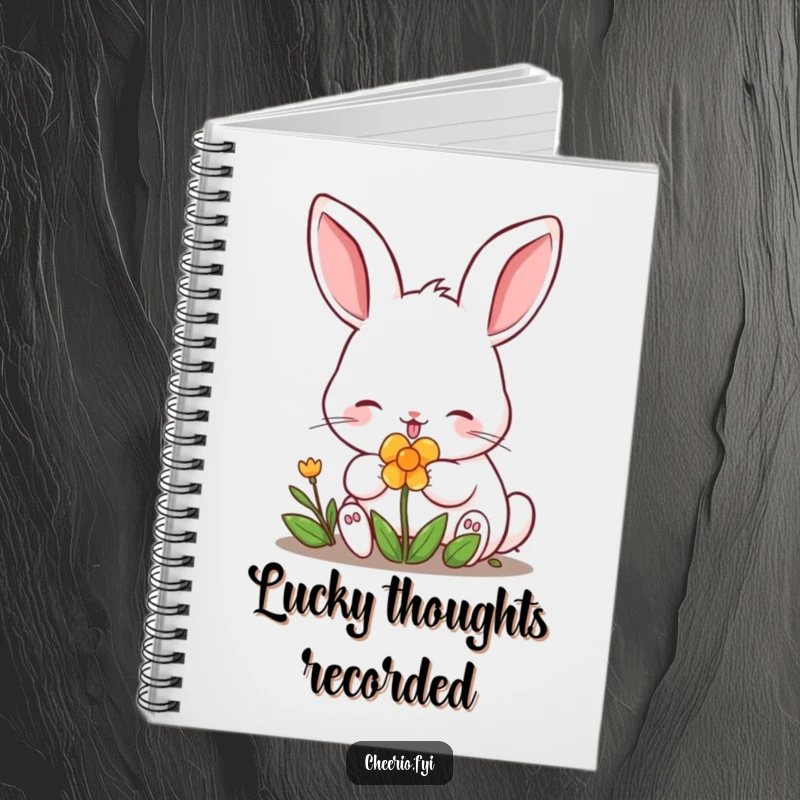 Funny rabbit with perked ears nibbling a clover on a ruled notebook. A lucky and funny gift.