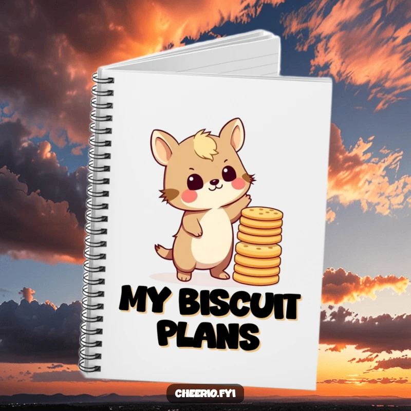 Funny British animal character balancing biscuits, looking slightly stressed, on a notebook cover for tea time inspiration.