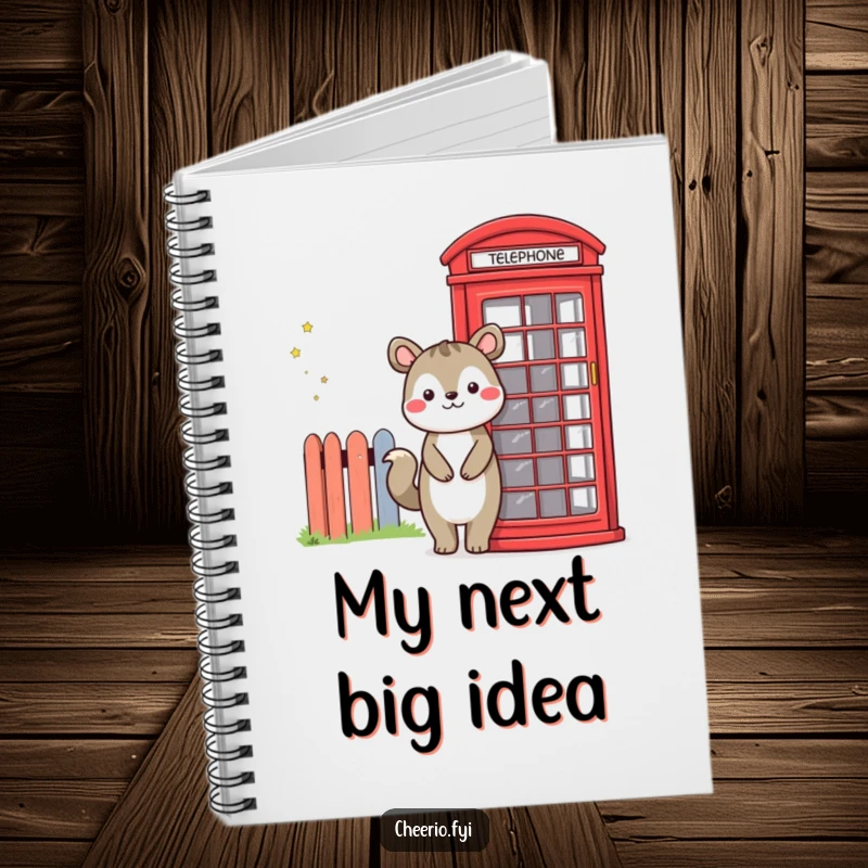 Funny notebook with a cover featuring a smiling animal character and a red telephone booth, for jotting down thoughts with humor.