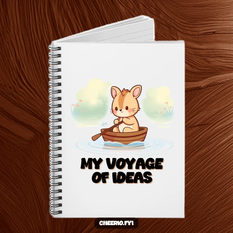 Funny British animal character rowing a tiny boat on a calm river, a humorous notebook cover for jotting down thoughts.