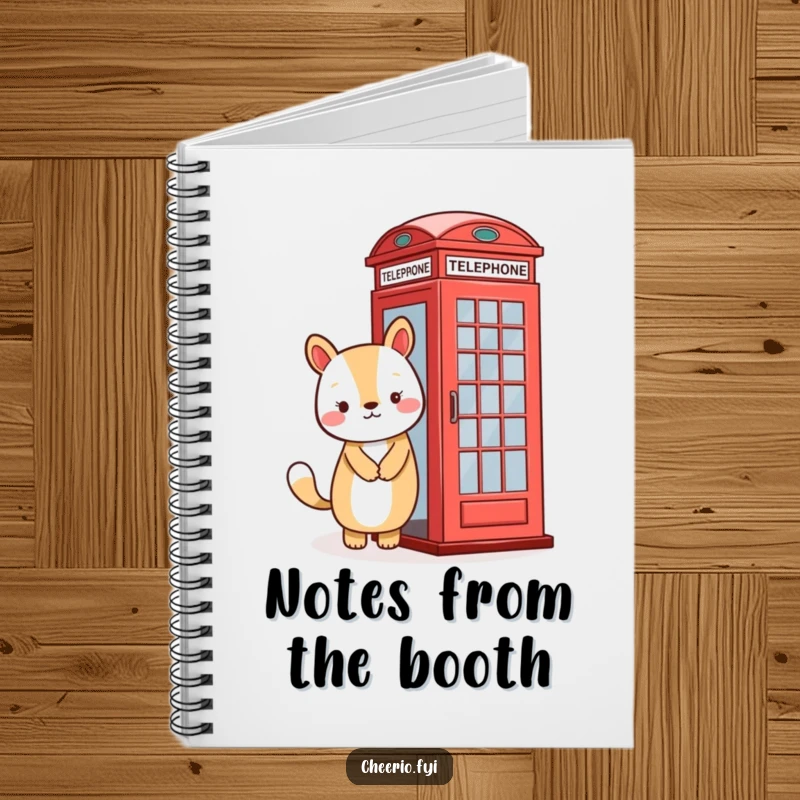Funny notebook cover with a smiling animal character beside a vintage red telephone booth, ready to capture notes.