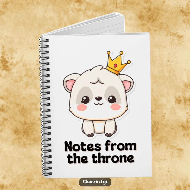 Funny notebook with a smiling animal character proudly displaying a tiny crown, perfect for regal notes.